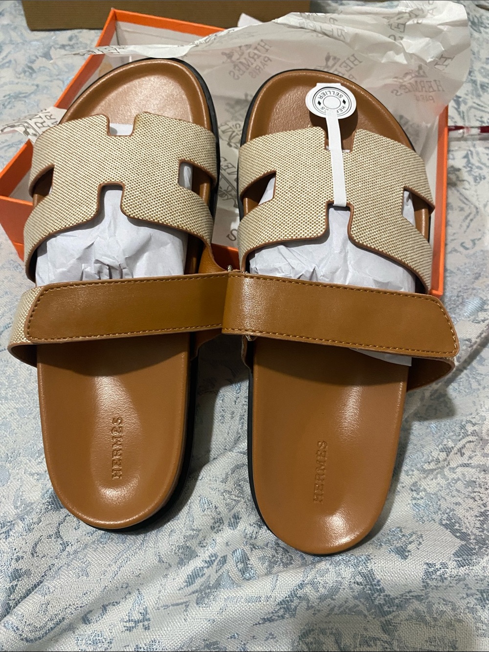 Hermès Tan Leather & Beige Canvas Oran Slide Sandals
